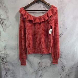 By Anthropologie Sweater Women Small Salmon Coral Wool Ruffle Off Shoulder